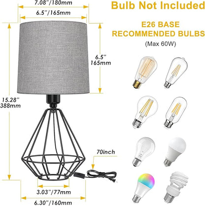 GGOYING Set of 2 Bedside Table Lamp, Black Metal Modern Lamp with Grey Fabric Shade, Simple Side Lamp for Living Room,Bedroom,Home,Office Working