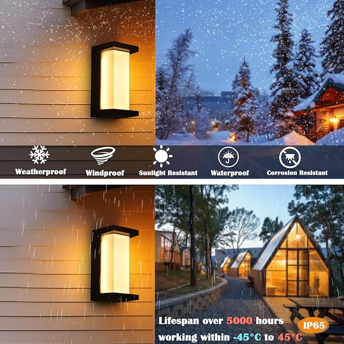 Black Outdoor Light Fixtures Wall Mount, IP65 Waterproof Porch Lights Outdoor Wall Sconce, 2 Pack Rectangular Modern Exterior Lighting Fixtures for House Front Door,3-Color Temperature