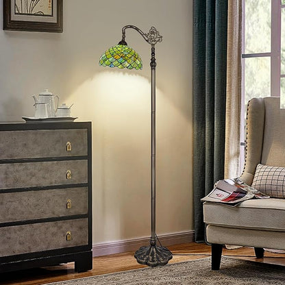 Tiffany Style Stained Glass Floor Lamp, Antique Bronze Base Standing Lamp with Green Fish Scales Shade & Gooseneck Adjustable Corner for Living Room, Bedroom, Home Office 12X18X64 Inches
