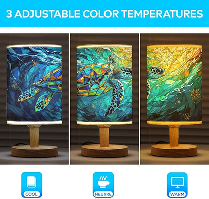 Sea Turtle Table Lamp LED 3-Color Pressed Bedside, Sea Turtle Shade Lamp with Wood Base for Bedroom Living Room Desk Office TL01