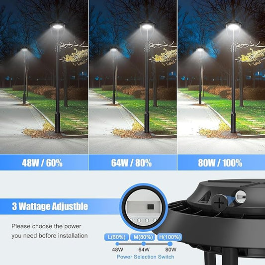 80W LED Post Top Light 80W 64W 48W Adjustable with Dusk to Dawn Photocell,12000LM 5000K Outdoor Pole Lights, IP65 Waterproof Outdoor Post Light Fixtures for Garden Yard ETL DLC Listed
