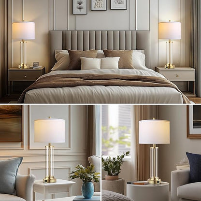 QiMH Lamps for Bedrooms Set of 2, Touch Control Table Lamps with USB A+C Ports, 3-Way Dimmable Bedside Lamp with Fabric Lampshade, Modern Nightstand Lamp for Living Room Bedroom (LED Bulbs Included)