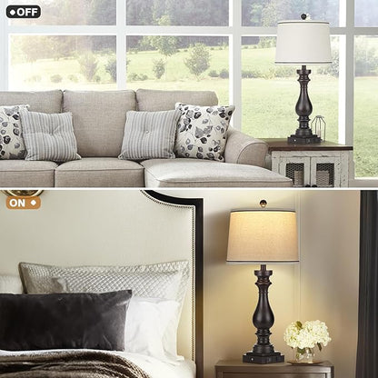 29" Farmhouse Table Lamp for Living Room,Vintage Bedside Nightstand Lamp with USB C+A Ports & AC Outlet,3-Way Dimmable Touch Control Retro Black Desk Lamp for Bedroom,Single Black