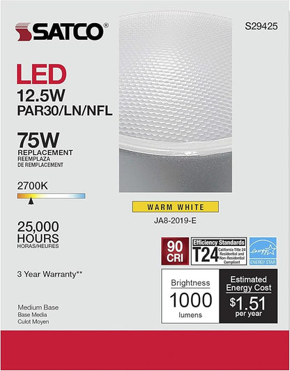 Satco S29425 12.5 Watt 120 Volt PAR30LN LED Reflector Light Bulb; 2700K Warm White Light; 1000 Lumen; 25 deg. Beam Angle; E26 Medium Base; Dimmable; CA Compliant (12 LED Light Bulbs)