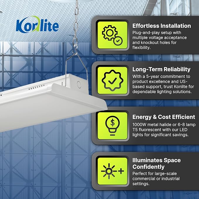 Konlite 4 FT Linear LED Shop Light, 300W, 42,000LM HighBay Light for Industrial & Warehouse Aisle Use, UL & DLC Listed for Workshop, Garage, 5000K Daylight, Dimmable 1-10V