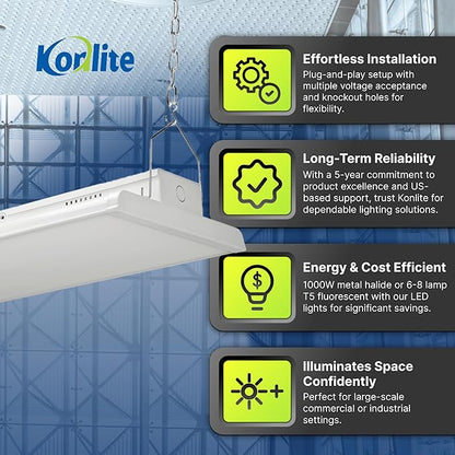 Konlite 4 FT Linear LED Shop Light, 300W, 42,000LM HighBay Light for Industrial & Warehouse Aisle Use, UL & DLC Listed for Workshop, Garage, 5000K Daylight, Dimmable 1-10V