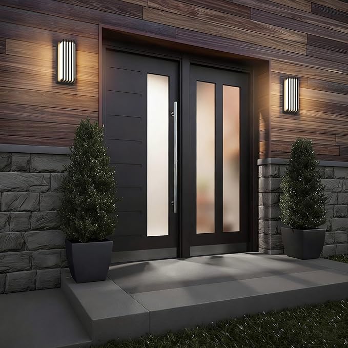 2 Pack Outdoor Modern LED Wall Lights, Waterproof IP65 LED Exterior Lighting Fixtures Wall Mount, 3000K Decorative Wall Sconce for House Outside Garage Porch Courtyard