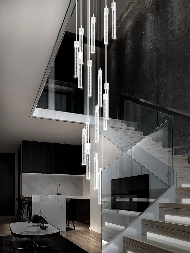 H125'' Modern Crystal Chandelier 18-Lights Large Foyer Chandelier Crystal Pendant Ceiling Light for Staircaes Hallway Entrance Silver