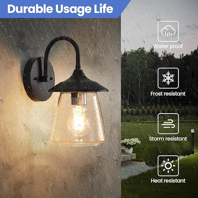 Outdoor Wall Sconce, Exterior Waterproof Wall Light Fixture, Outside Porch Light with Bubble Glass Shade, Matte Black Outdoor Wall Lantern for Patio, Garage, entryway, 2-Pack