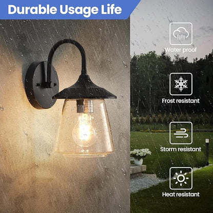 Outdoor Wall Sconce, Exterior Waterproof Wall Light Fixture, Outside Porch Light with Bubble Glass Shade, Matte Black Outdoor Wall Lantern for Patio, Garage, entryway, 2-Pack