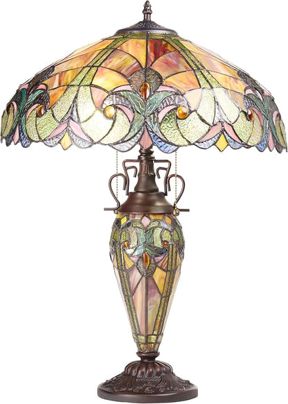 RIVER OF GOODS 24.5" H Halston Double Lit Amber Bowl Shade Stained Glass Table Lamp