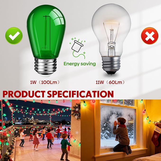 Mudder 60 Pack Light Bulbs 1w Replacement LED Light Bulbs S14 Shatterproof Waterproof String Lights Outdoor Indoor LED Lights Patio Bulb, E26 110v Regular Base(Red and Green,60 Pack)