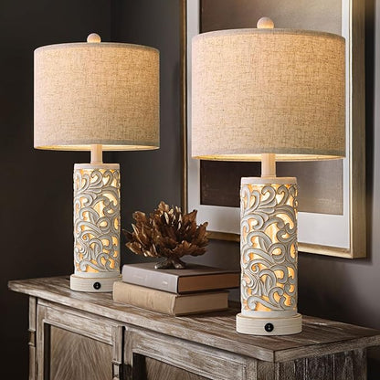 OYEARS 22'' Table Lamp Set of 2 for Living Room,Farmhouse Lamp for for Bedroom,Vintage Retro Bedside Lamps with USB Ports Linen Shade for Home Office (Wash White, Bulb Included)