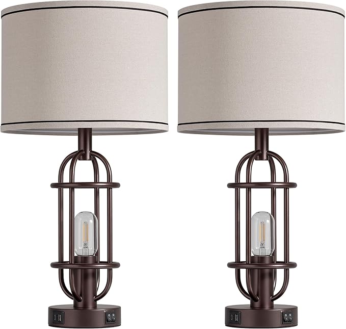 Living Room Lamps Set of 2, 22.3" Farmhouse Table Lamp for Bedroom, Vintage Lamps for Night Stands with USB Ports, Oil Rubbed Bronze