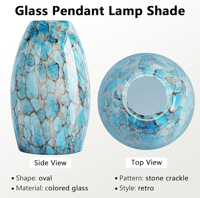 Oval Glass Lamp Shade for Pendant Lights, Blue Glass Lampshades Cover Replacement for Kitchen Island Hanging Ceiling Chandelier, 7.64x4.71" with 1.65" Fitter, Light Bulb Fixture Cover 3 Pack