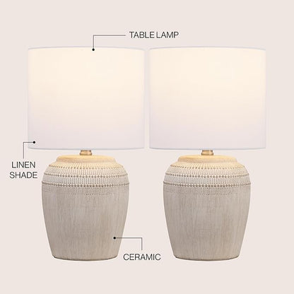 JONATHAN Y JYL5707B-SET2 16.75" Antique White Rustic Reeded Ceramic Table Lamp Set of 2 for Living Room, Traditional Farmhouse Bedside Nightstand Lamps with White Linen Shade, LED Bulbs Included
