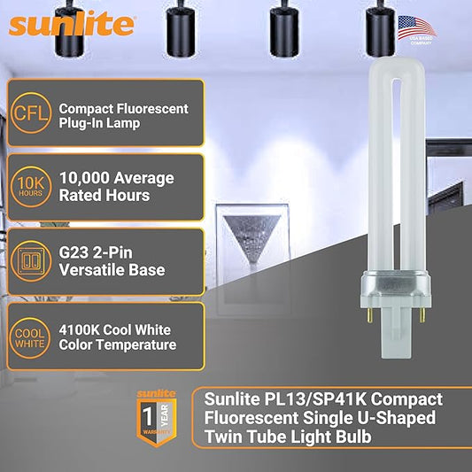 Sunlite PL13/SP41K Compact Fluorescent Single U-Shaped Twin Tube Light Bulb, 13 Watts, 120 Volts, 720 Lumens, 2-Pin GX23 Base, 4100K Cool White, 10 Pack