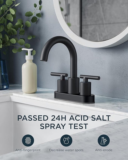 FORIOUS 4 Inch Centerset Bathroom Faucet Black 2 Hole, Two Handle Matte Black Faucet for Bathroom Sink with Pop Up Dain, 24" Supply Line, and 360° Rotating Spout of 4" Vanity