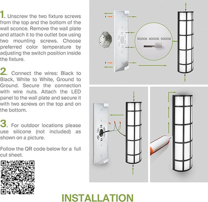 ASD 36 Inch LED Outdoor Wall Mount Light Fixture with Grid - Matte Black Modern Wall Sconce - 30W 120-277V 3000K 4000K 5000K Adjustable - Dimmable Exterior Lights - Front Door, Patio - ETL 2 Pack