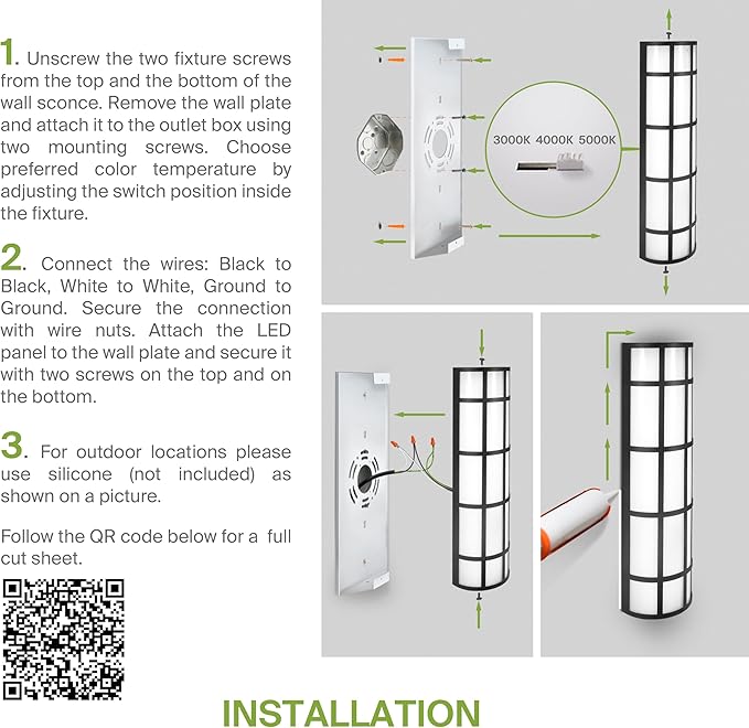 ASD 36 Inch LED Outdoor Wall Mount Light Fixture with Grid - Matte Black Modern Wall Sconce - 30W 120-277V 3000K 4000K 5000K Adjustable - Dimmable Exterior Lights - Front Door, Patio - ETL