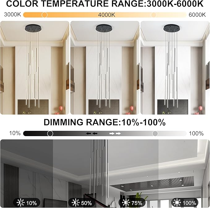 118" Modern LED Chandelier, Clustered Led Pendant Light, 12-Lights Dimmable High Ceiling Large Hanging Lighting Fixture for Loft Villa Living Room Stairs Foyer (Black-80W-12 Lights)