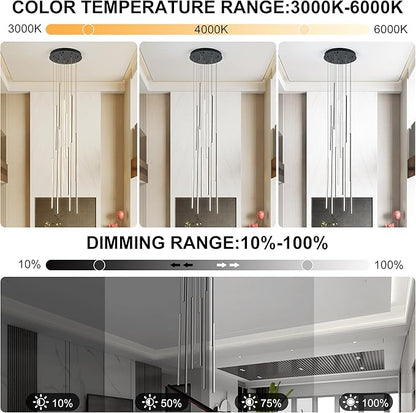 118" Modern LED Chandelier, Clustered Led Pendant Light, 12-Lights Dimmable High Ceiling Large Hanging Lighting Fixture for Loft Villa Living Room Stairs Foyer (Black-80W-12 Lights)