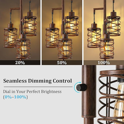 BOBOMOMO 70" Farmhouse Dimmable Floor Lamp, Walnut Brown Industrial Metal Cage Standing Lamp with 3 LED Bulbs, Stepless Dimming Tall Tree Lamp for Living Room, Bedroom, Office, Corner