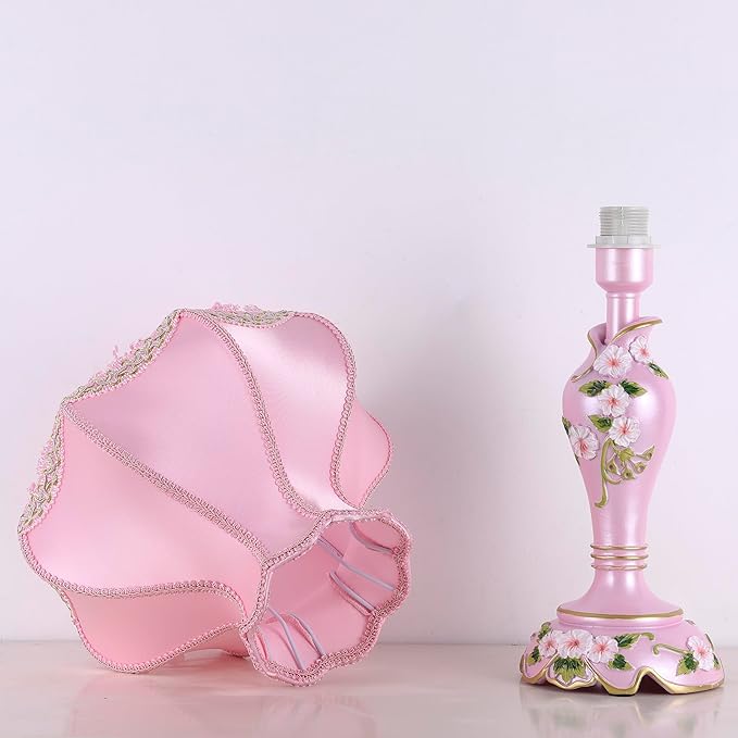 Cute Table Lamp with Fabric Lampshade, Antique Flower Decorative Bedside Desk Nightstand Lamp, Handmade Night Light for Bedroom Living Room (Pink)