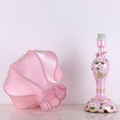 Cute Table Lamp with Fabric Lampshade, Antique Flower Decorative Bedside Desk Nightstand Lamp, Handmade Night Light for Bedroom Living Room (Pink)