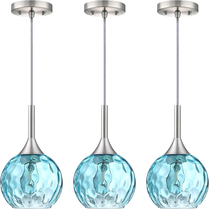 6.3" Blue Texture Glass Rod Pendant Light 3 Pack Pendant Ceiling Light Fixture Brushed Nickel Finish Modern Farmhouse Dinning Over Sink Adjustable Height Cord