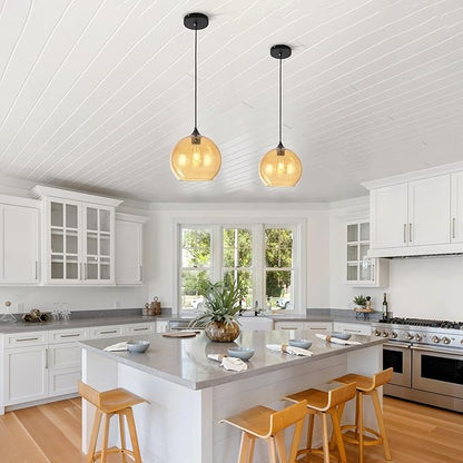 Amber Glass Pendant Lights Kitchen Island Lighting Modern Globe Pendant Light Fixtures Modern Pendant Lights for Kitchen Island Bedroom Living Dining Room Light Fixture-9.8inch