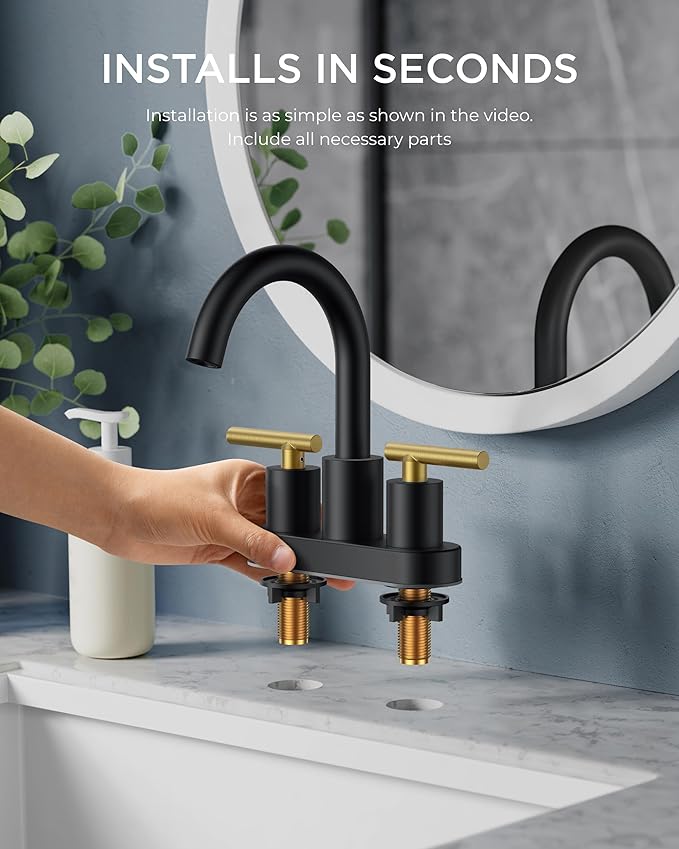 FORIOUS 4 in Black and Gold Bathroom Faucet Centerset, 2 Handle Matte Black Swivel Faucet for Bathroom Sink 2 or 3 Hole with Pop Up Dain Assembly and cUPC Supply Hose, Suitable for Vanity RV Restroom