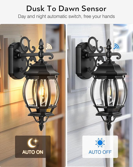 VIANIS Exterior Lighting Fixtures for House, Black Dusk to Dawn Front Porch Light Wall Mount with Tempered Bevel Glass, 100% Aluminum Waterproof Outdoor Wall Sconce Lantern for Garage Patio, Anti-Rust