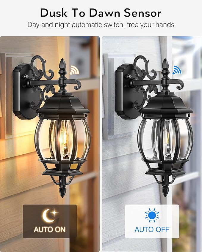 VIANIS Dusk to Dawn Outdoor Lighting Fixture for House, Black Exterior Wall Light Wall Mount Sconce with Tempered Glass, Modern Front Porch Light Lantern for Patio, Anti-Rust Coach Lights for Garage