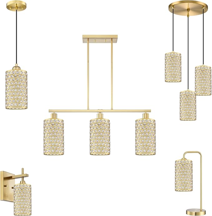 Doraimi Lighting 2 Pack Polyhedral Crystal Metal Pendant Ceiling Chandelier Wall Sconce Lamp Replacement Covers Shade Fixture Gold Finish,1.66" Fitter Size,7.9" high*4.8" Diameter
