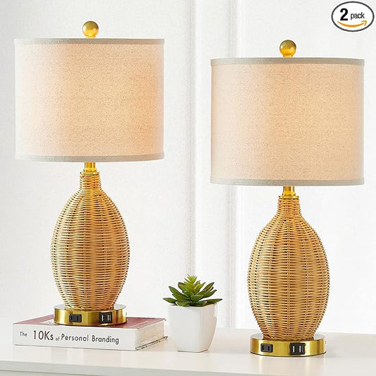 Touch Control Rattan Table Lamps, 3 Way Dimmable Bedside Lamps for Bedroom Set of 2 with 2 USB Ports and AC Outlet, Wicker Nightstand Lamps for Living Room (LED Bulbs Included), Gold
