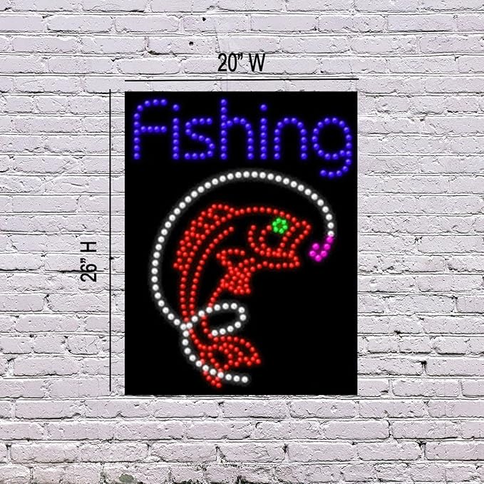 LED Fishing Sign for Retail Business Displays |Advertising Electronic Light Up Sign for Windows Walls | 26"H x 20"W x 2"D