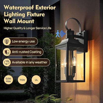 18.9" Black Motion Sensor Outdoor Wall Lantern, 2-Light Farmhouse Porch Light with Clear Glass Waterproof Exterior Light Fixture for Porch, Patio, and Garage 1 Pack Bulb Included