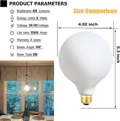 Leools LED Light Bulb G40 Dimmable Flick-Free Matt 4W Frosted Glass CRI95 Warm White 438LM, 40W Equivalent Vintage LED Edison Globe Filament Light Bulb,E26 Base, 1 Pack