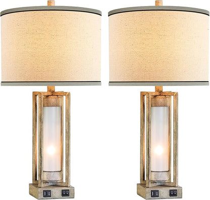 RORIANO 25" Set of 2 Farmhouse Table Lamps for Living Room with USB A+C Ports, Rustic Nightstand Lamp with White Night Light, Vintage Desk Lamp for Entryway Bedroom End Table, 4 Bulbs Included