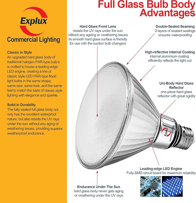 Explux Commercial-Grade LED PAR38, 150W Equivalent, 1600 Lumens, 40000 Hours, Classic Full Glass Flood Light Bulbs, Dimmable, Waterproof & Anti-Ageing, Bright White 3000K, 6-Pack