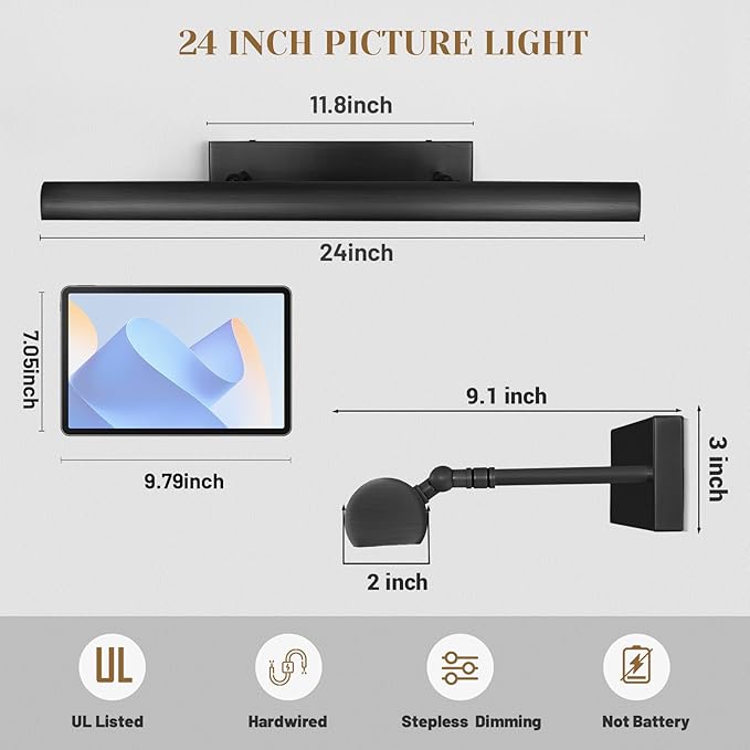 Matte Black Picture Lights for Wall, 24" Art Light Hardwired, 3-Light Bronze Gallery Light, Warm White 2700k Dimmable Picture Frame Lights, 270° Vanity Light for Bathroom, Living Room, Hallway