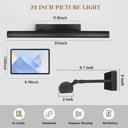 Matte Black Picture Lights for Wall, 24" Art Light Hardwired, 3-Light Bronze Gallery Light, Warm White 2700k Dimmable Picture Frame Lights, 270° Vanity Light for Bathroom, Living Room, Hallway