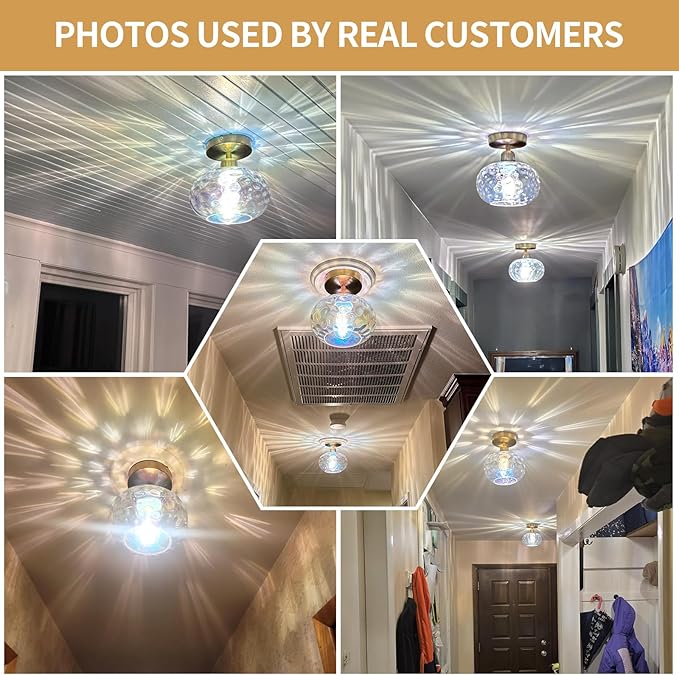 Vintage Glass Flush Mount Ceiling Light - 7.9 Inch Iridescent Hammered Glass Hallway Light fixtures Ceiling, Gold Semi Flush Mount Ceiling Light for entryway Foyer Laundry Room Kitchen