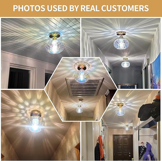Vintage Glass Flush Mount Ceiling Light - 7.9 Inch Iridescent Hammered Glass Hallway Light fixtures Ceiling, Gold Semi Flush Mount Ceiling Light for entryway Foyer Laundry Room Kitchen