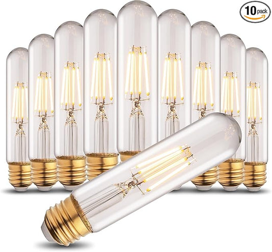 T10 Tubular Led Bulbs 60w Equivalent, Dimmable 5.25 Inch Led Tube Bulb, E26 T30 Edison Tubular Clear Light Bulbs, 2200K Warm Light Long Skinny 6W 10 Pack