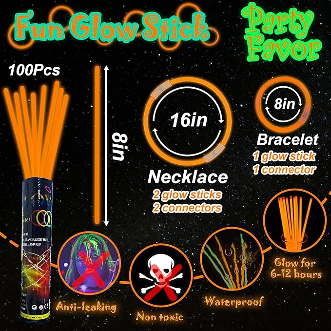ILHSTY 100 Pcs 8'' Orange Glow Sticks Glow In The Dark Party Favors Supplies Bright GlowSticks Necklaces Bulk for Christmas Halloween 4th of July Easter Carnival Birthday Neon Party (Orange*100)