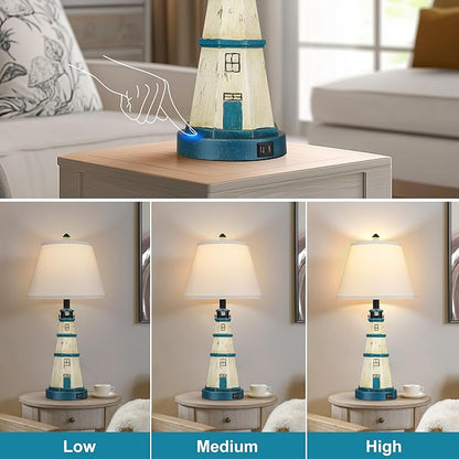 WIHTU Table Lamps Set of 2, Bedside Lamps with Dual USB Charging Ports, 3-Way Dimmable Modern White Blue Lighthouse Touch Control Nightstand Lamps for Living Bedroom, Bulbs Included
