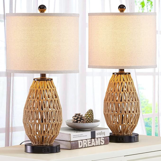 Touch Control Rattan Table Lamps, 3 Way Dimmable Bedside Lamps for Bedroom Set of 2 with 2 USB Ports and AC Outlet, Wicker Nightstand Lamps for Living Room (LED Bulbs Included), Rattan