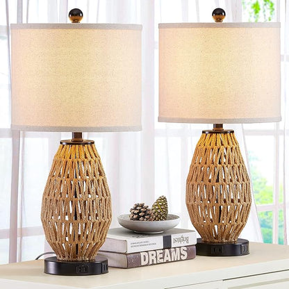 Touch Control Rattan Table Lamps, 3 Way Dimmable Bedside Lamps for Bedroom Set of 2 with 2 USB Ports and AC Outlet, Wicker Nightstand Lamps for Living Room (LED Bulbs Included), Rattan